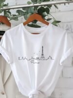 Women'S Casual Crew Neck T-Shirt With Geometric Paris Eiffel Tower Print, Short Sleeve Knit Fabric Top, 100% Polyester, All Seasons - White