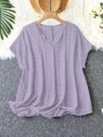 Plus Size - Women'S Elegant V-Neck Bat Sleeve T-Shirt - Slim Fit, Short Sleeve, Black Top With Ruffled Hem, Perfect For Casual Or Chic Outfits, Versatile Clothing | Ruffled Hem Top | Construction, Ladies T Shirts - Image 3