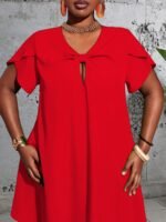 Women'S Elegant Bow Tie Neckline Dress - Vibrant Green Fitted Solid Color, Short Sleeve Lightweight For Spring Summer Fall, Casual To Semi-Formal Occasions, Seasonal Fashion, Smooth Glossy Texture, Spring Fashion, Quality Stitching, Stylish Ladies - Image 5