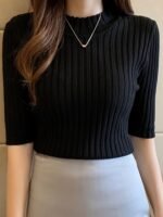 Women'S Elegant Rib-Knit T-Shirt, Polyester 100% Skinny Fit Half Sleeve Tops, Solid Crew Neck Knit Pullovers, All-Season Stretchy T-Shirt With Pleated Hem, 350G/M? Fabric Weight - Image 5