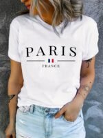 Paris France Casual Crew Neck T-Shirt - Geometric Pattern, Polyester Knit Fabric, Regular Length, Summer Wear, Soft And Comfortable - Image 7