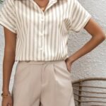 Women'S French Polo Shirt With Batwing Sleeves, Striped Print, 100% Polyester, Regular Length, Button Detail, Woven Fabric, 120G/M?, Spring/Summer/Fall Season