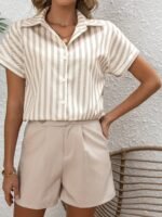 Women'S French Polo Shirt With Batwing Sleeves, Striped Print, 100% Polyester, Regular Length, Button Detail, Woven Fabric, 120G/M?, Spring/Summer/Fall Season