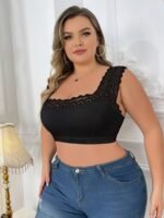 1Pc Elegant Lace Trimmed Polyester Knit Fabric Bra, High Stretch Solid Color Wireless Bralette With Contrast Lace Detail, No Padding - Image 5