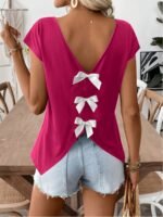 Women'S Casual Bowknot Short Sleeve T-Shirt - Black V-Neck With White Bow Detail, Perfect For Summer Outings And Casual Attire, Everyday Top | Bowknot Detailing | Stylish Accessory