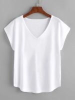 Women'S Plus Size Beige Batwing Sleeve V-Neck T-Shirt - Loose Fit, Elegant Pullover With Slight Stretch Fabric, All-Season Top, Comfortable Clothing | Minimalist Style | Glossy Finish, Plus Size Shirts - Image 3