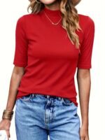 Women'S High-Neck Half-Sleeve Turtleneck T-Shirt - Stretchy Slim Fit Casual Top, Solid Black, Machine Washable For Spring/Fall Layering, Casual Attire Top, Versatile Fashion Top, Stretchy Fabric Top - Image 6