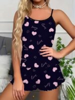 1 Set Women'S Sexy Polyester Pajama Set, Love Heart Print Spaghetti Strap Shorts, Knit Fabric Sleepwear For All Seasons, Adult Lounge Set - Image 6