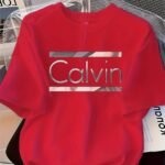 Women'S Elegant Round Neck Short-Sleeve T-Shirt - Vibrant Red With White Calvin Monogram Print, Soft Fabric, Casual Versatile Top For Spring & Summer, Machine Washable, Casual Attire, Stylish Letter Print, Comfortable Fit