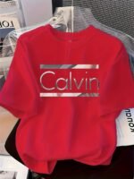 Women'S Elegant Round Neck Short-Sleeve T-Shirt - Vibrant Red With White Calvin Monogram Print, Soft Fabric, Casual Versatile Top For Spring & Summer, Machine Washable, Casual Attire, Stylish Letter Print, Comfortable Fit