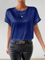 Women'S Plus Size Light Blue Woven Blouse - Elegant Short Sleeve Crew Neck, Solid Color, Non-Stretch Fabric, Perfect For Summer, Casual Summer Wear|Sleek Fitted Look|Nonstretch Material, Plus Size Blouses - Image 8