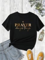 Prayer Print Crew Neck T-Shirt, Casual Short Sleeve Top For Spring & Summer, Women'S Clothing - Image 2
