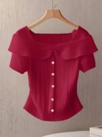 Women'S Summer Short Sleeve Top - Elegant Middle Eastern-Inspired Button-Front Design, Lightweight Breathable Fabric, Machine Washable Solid Color Blouse For Casual & Formal Wear, Versatile Clothing, Sophisticated Style, Ribbed Texture, Stylish Women - Image 6