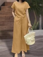 Women'S Elegant Solid Color Short Sleeve Top & Wide Leg Pants Set - Perfect Matching Outfit With Pockets, Crew Neck, Regular Fit For Spring/Summer, Casual Outfit|Elegant Casualwear| Texture - Image 4