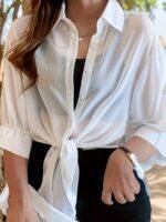 Plus Size Women'S Lightweight Semi-Sheer Chiffon Shirt - Casual Beach Cover-Up With Front Tie Bow, Loose Fit Open Front Button-Up For Swimsuits & Dresses, Machine Washable Spring/Summer Tops, Summer Layering Piece, Foldover Collar, Elegant Ruching, Vacation Outfit, Flowy Texture, Stylish Cover Up, Beachgoers Outfit - Image 3