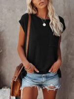 Regular Women'S Summer New Solid Color Pocket Round Neck Short Sleeve T-Shirt - Image 2