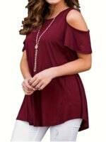 Plus Size Cold Shoulder T-Shirt, Casual Crew Neck Short Sleeve T-Shirt, Women'S Plus Size?Clothing - Image 5