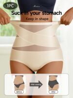 1Pc Women'S High-Waist Shapewear Panties, Comfortable Skin-Friendly Breathable, Elegant Style, No Padding, Cross Strap Detail, Medium Support, Knit Fabric, Solid Color, Nylon Material, Triangle Underwear - Image 8