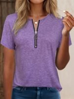 Women'S Elegant V-Neck Short Sleeve T-Shirt With Zipper Detail - High Stretch, All-Over Print, Short Sleeve Tee For Spring/Summer/Fall - Image 6