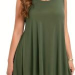 Women'S Plus Size Sleeveless Olive Green Round Neck Tank Top - Loose Fit Summer Vacation Top, Machine Washable Casual Chic Shirt For Beach Outings & Lounge Wear, Summer Tank Tops
