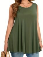 Women'S Plus Size Sleeveless Olive Green Round Neck Tank Top - Loose Fit Summer Vacation Top, Machine Washable Casual Chic Shirt For Beach Outings & Lounge Wear, Summer Tank Tops