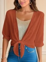 Solid Color Tie Front Crop Blouse, Versatile Half Sleeve Blouse For Spring & Summer, Women'S Clothing - Image 2