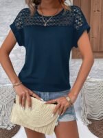Women'S Batwing Short Sleeve T-Shirt - Lace Contrast Raglan Sleeves, Round Neck Longline Top, Burgundy & White Elegant Design, Machine Washable All-Season Casual Wear, Vacation Clothing, Nontransparent Fabric - Image 2