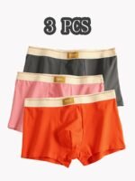 3Pcs Men'S Boxer Briefs - Soft, Light Beige-Friendly, High Elasticity, Non-Stretch, Solid Color (Black, Orange, Brown) With White Trim, Comfortable Underwear|Minimalist Underwear|Soft Fabric Underwear - Image 2