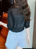 An Elegant Front-Button Sheer Shirt With A Shawl Design. - Image 4