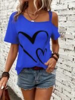 Heart Print Slant Shoulder T-Shirt, Casual Short Sleeve Top For Spring & Summer, Women'S Clothing - Image 2