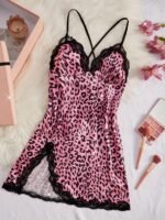 Women'S Leopard Print Satin Nightgown - Sexy V-Neck, Asymmetrical Hem With Tie Detail, Sleeveless Sleepwear For Spring/Summer/Fall, Adult, Leopard Print Nightgown - Image 5