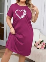Elegant Plus-Size Women'S Nightgown, Featuring A Heart Print With A Round Neck And Short Sleeves, A Casual And Comfortable T-Shirt Style Dress. - Image 3