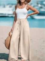 Women'S Plus Size Green Wide-Leg Pants - Non-Stretch, Straight Leg, Spring/Summer Fashion, Drawstring Waist, Casual Wear, Casual Wear Pants|Wide Leg Fashion|Drawstring Waistband, Plus Size Pants - Image 5