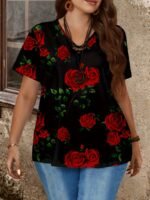 Plus Size Rose Print V Neck T-Shirt, Casual Short Sleeve Top For Spring & Summer, Women'S Plus Size Clothing - Image 9