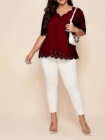 Plus Size Elegant V-Neck Blouse With Short Puff Sleeves - Navy Blue, Lace Embroidery Detail, Non-Stretch Fabric, All-Season Shirt For Women, Casual Attire|Vneck Blouse|Lace Embroidery - Image 8