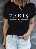 Paris France Casual Crew Neck T-Shirt - Geometric Pattern, Polyester Knit Fabric, Regular Length, Summer Wear, Soft And Comfortable - Image 3