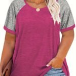 Plus Size - Plus Size Women'S Summer T-Shirt - Color Block Raglan Short Sleeve Loose Fit Casual Top, Vibrant Pink & Gray, Round Neck, Lightweight & Breathable For Spring/Summer Outfits, Ladies T Shirts