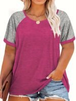Plus Size - Plus Size Women'S Summer T-Shirt - Color Block Raglan Short Sleeve Loose Fit Casual Top, Vibrant Pink & Gray, Round Neck, Lightweight & Breathable For Spring/Summer Outfits, Ladies T Shirts
