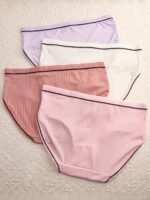 4Pcs Women'S Mid-Rise Briefs With Chic Bow Detail - Breathable & Comfortable Ribbed Texture In Assorted Colors, Stretchy Polyester Blend, Non-See-Through - Perfect For Casual Attire - Image 4