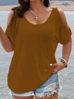 Women'S Elegant Off-Shoulder Round Neck T-Shirt - Soft Stretchy Fabric, Solid Color Summer Casual & Formal Wear, Hand Wash Only, Everyday Comfort Tee, Elegant Shirt, Comfortable Fit Shirt - Image 3