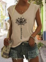Lotus Print V Neck Tank Top, Cap Sleeve Casual Top For Summer & Spring, Women'S Clothing - Image 3