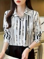 Women'S Casual Striped Print Button- Shirt, Polyester 100% Woven Fabric, Lapel Collar, Long Sleeve, Spring/Summer/Fall Apparel, 110G/M? Weight - Image 6