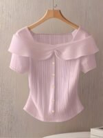 Women'S Summer Short Sleeve Top - Elegant Middle Eastern-Inspired Button-Front Design, Lightweight Breathable Fabric, Machine Washable Solid Color Blouse For Casual & Formal Wear, Versatile Clothing, Sophisticated Style, Ribbed Texture, Stylish Women - Image 5