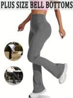 Plus Size Sports Pants, Women'S Plus Solid Wide Waistband High Rise Flared Leg High Stretch Yoga Trousers Suitable Spring/Autumn - Image 9
