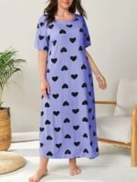 Women'S Plus Casual Sleep Dress, Plus Size Heart Print Short Sleeve Crew Neck Nightdress - Image 7