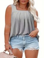 Plus Size Casual Tank Top, Women'S Plus Solid Pleated Square Neck Medium Stretch Tank Top - Image 10