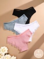 4Pcs Women'S Lingerie Briefs With Lace Trim - Sexy Ribbed Design, Solid Colors (White, Pink, Gray, Black), Soft & Comfortable Underwear For Casual Attire, Lingerie Sets, Comfortable Underwear, Elegant Underwear, Soft Fabric Underwear - Image 19