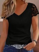 Women'S Soft Pink V-Neck T-Shirt - Elegant Lace Trim Blouse, Machine Washable Everyday & Formal Tops For Women, Versatile Top, Feminine Style, Breathable Top, Stylish Top, Summer Wardrobe