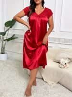 Women'S Plus Size Elegant Red Satin Nightgown With Lace Trim And Bow Detail - V-Neck, Short Sleeve, Flowing Design, Machine Washable - Perfect For Weddings Or Special Occasions, Satin Dress - Image 7
