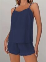 Women'S Plus Size Lace Trim Cami Pajama Set - Soft Polyester, Solid Color, Ruffled Detail, Comfortable Sleepwear For Spring/Summer/Fall, Relaxed Fit Pajamas | Ruffled Detail Clothing | Smooth Texture Fabric - Image 3